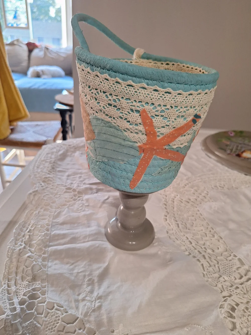 Seashell Fabric Storage Basket with Turquoise & Coral Accents